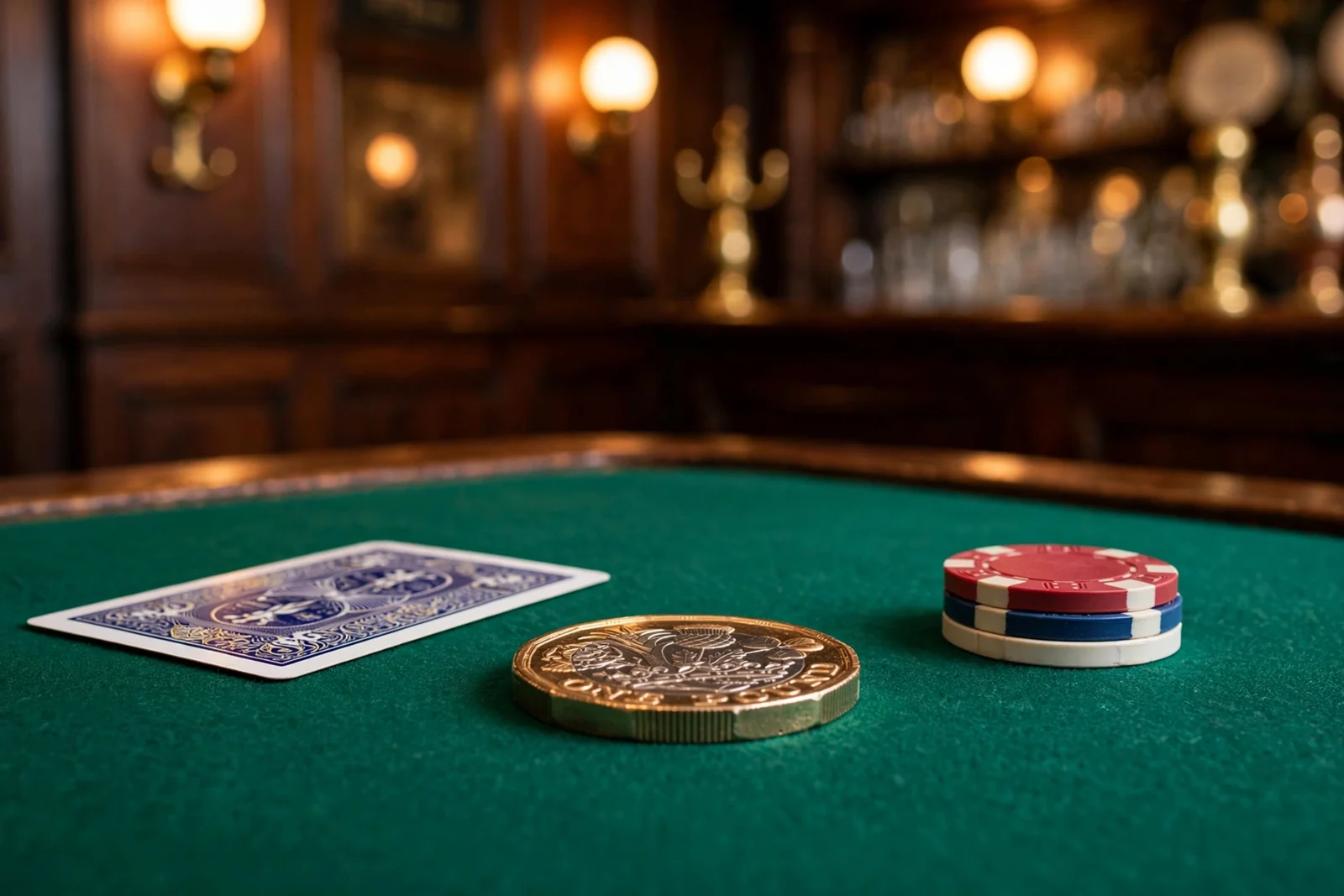 British one-pound coin on green felt beside poker chips in a traditional UK pub.