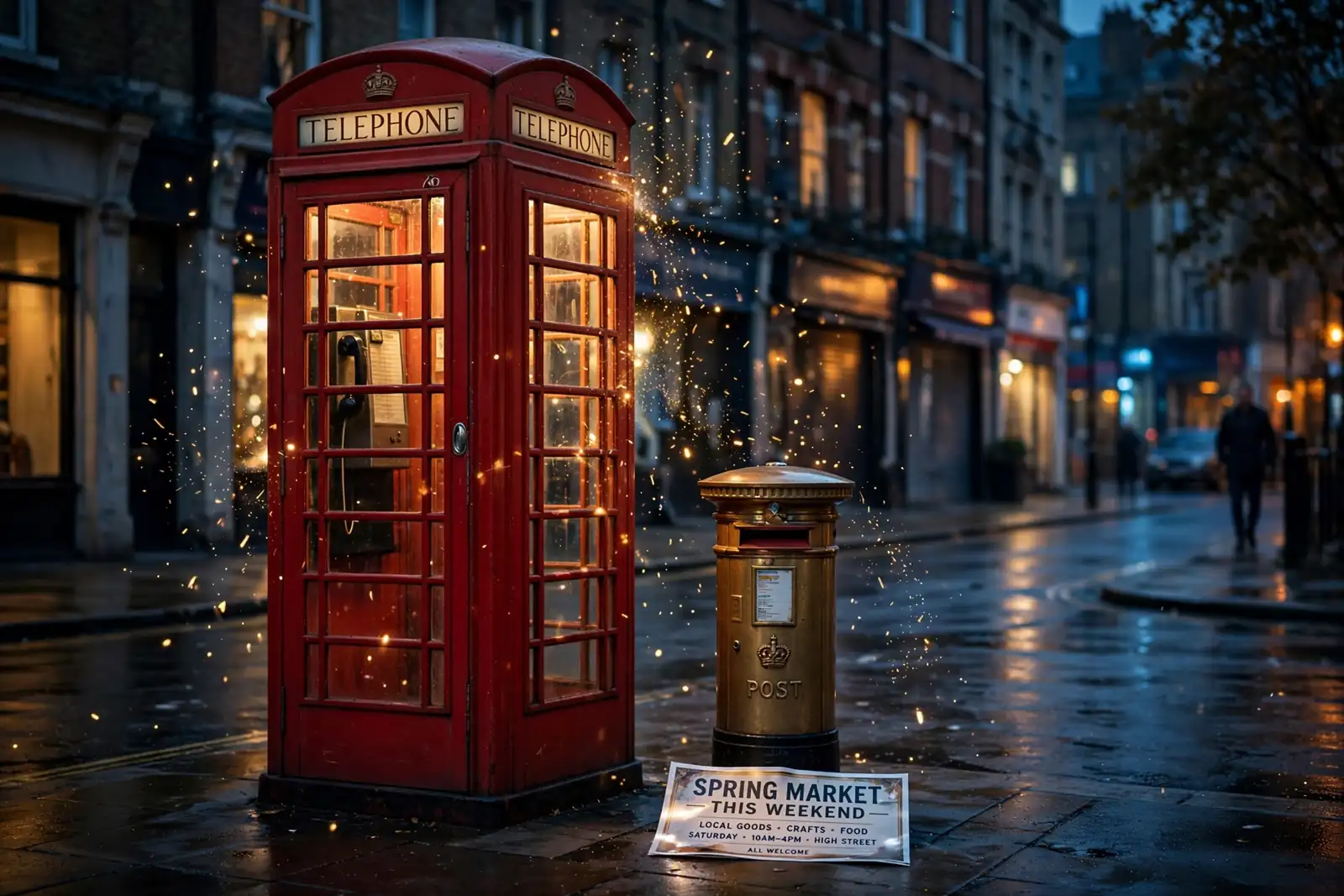 Illuminated red British telephone box at night with golden sparkles on a London street.