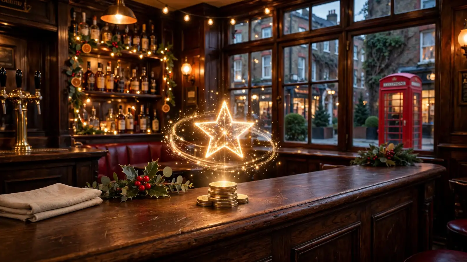 British pub counter with pound coins and a glowing bonus star