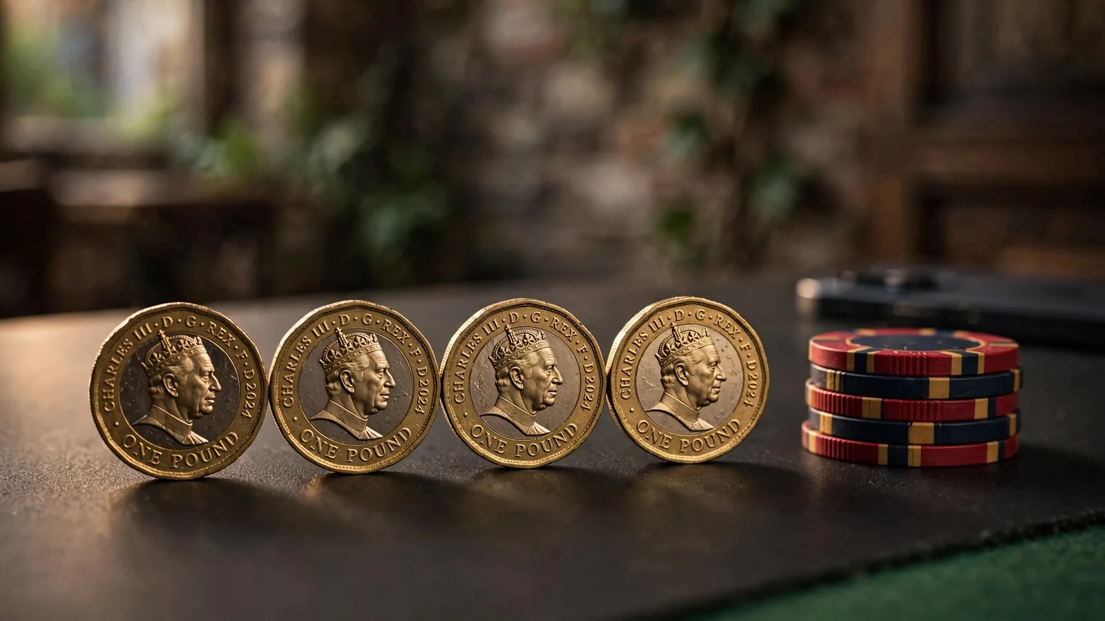 Four British pound coins lined up next to stacked casino chips on dark surface
