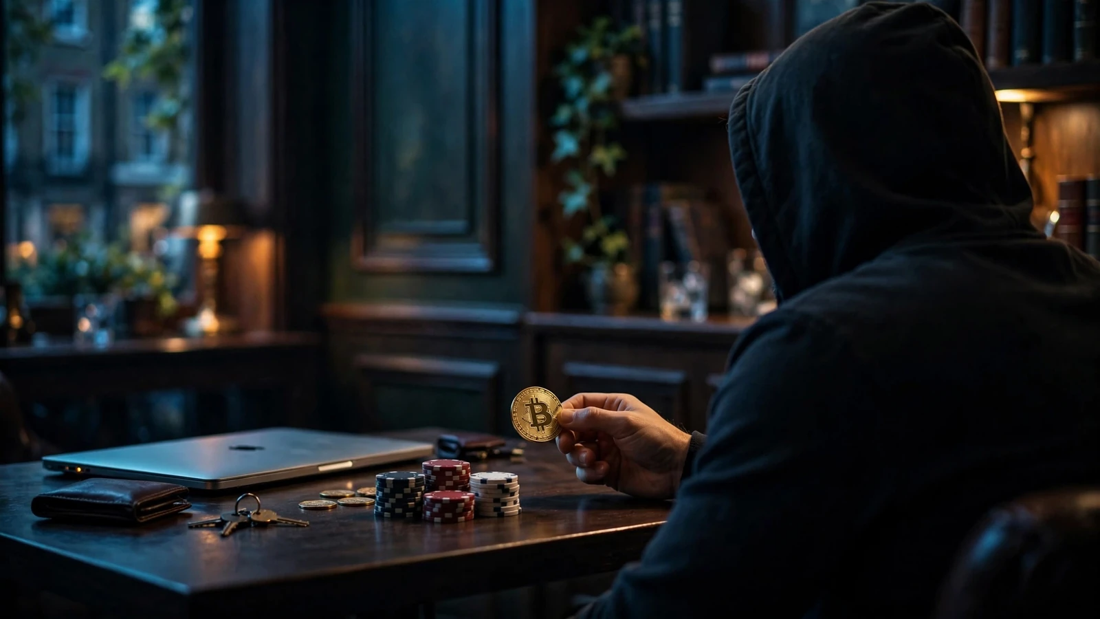 Anonymous figure with Bitcoin token and poker chips in a dim private lounge