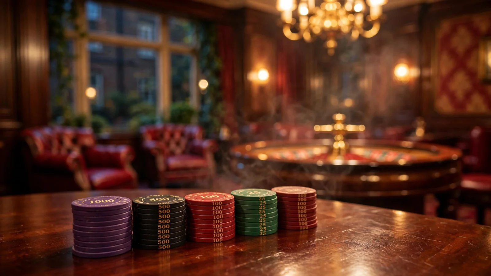 Elegant British casino interior with stacked chips and roulette wheel