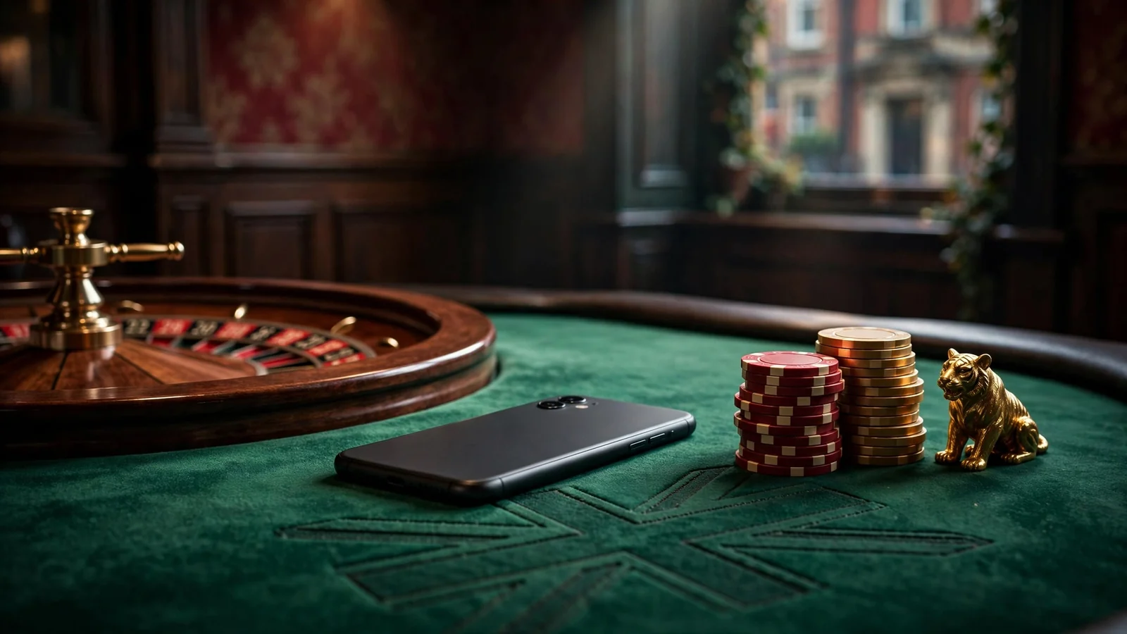 Smartphone face-down on a green casino table with chips, roulette wheel and a golden tiger figurine