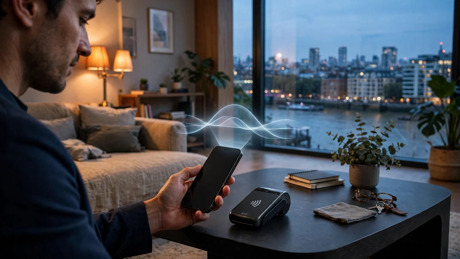 Person paying with smartphone via Apple Pay in a modern London apartment
