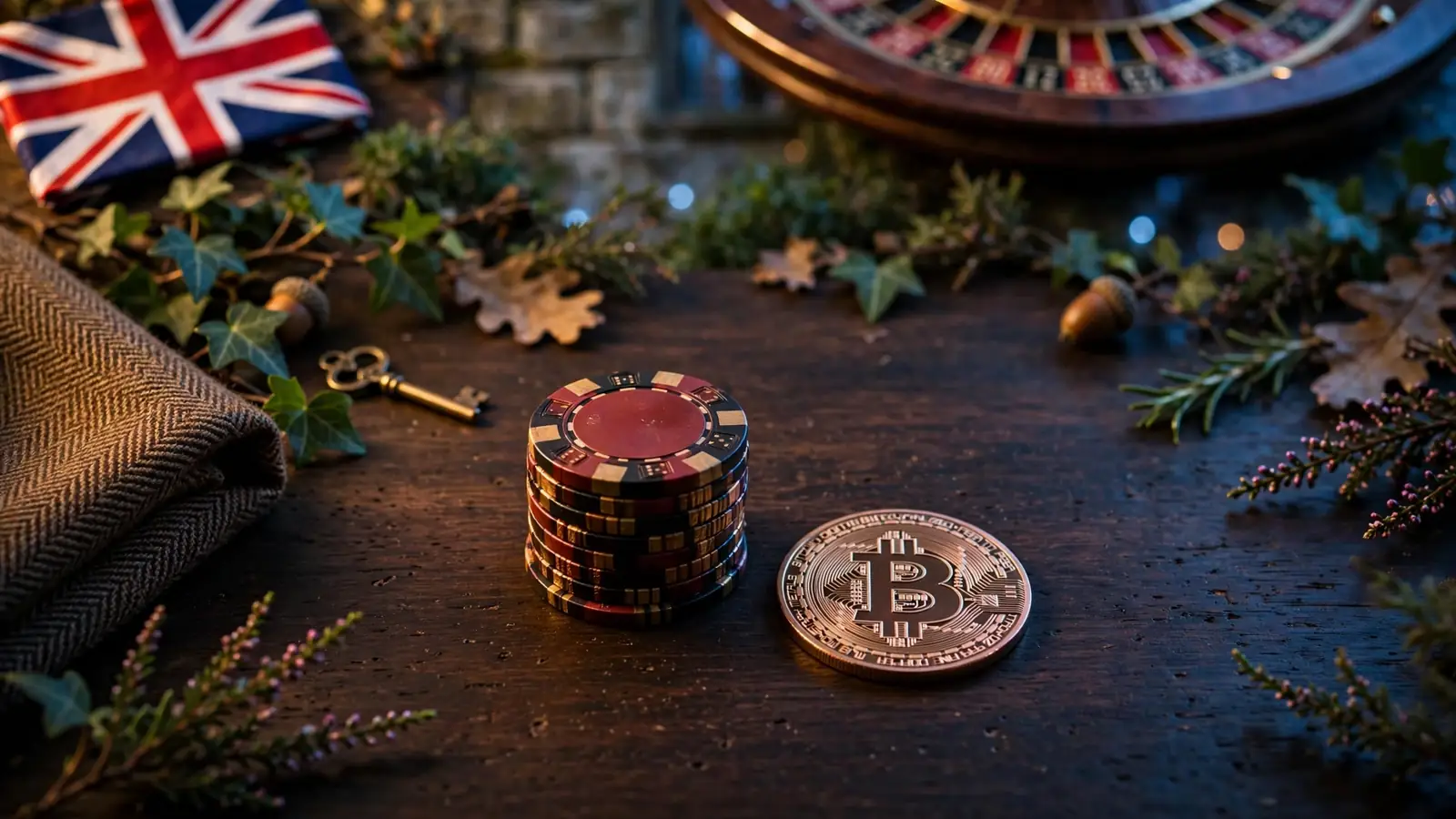 Casino chips, Bitcoin coin, and roulette wheel on a dark wooden table