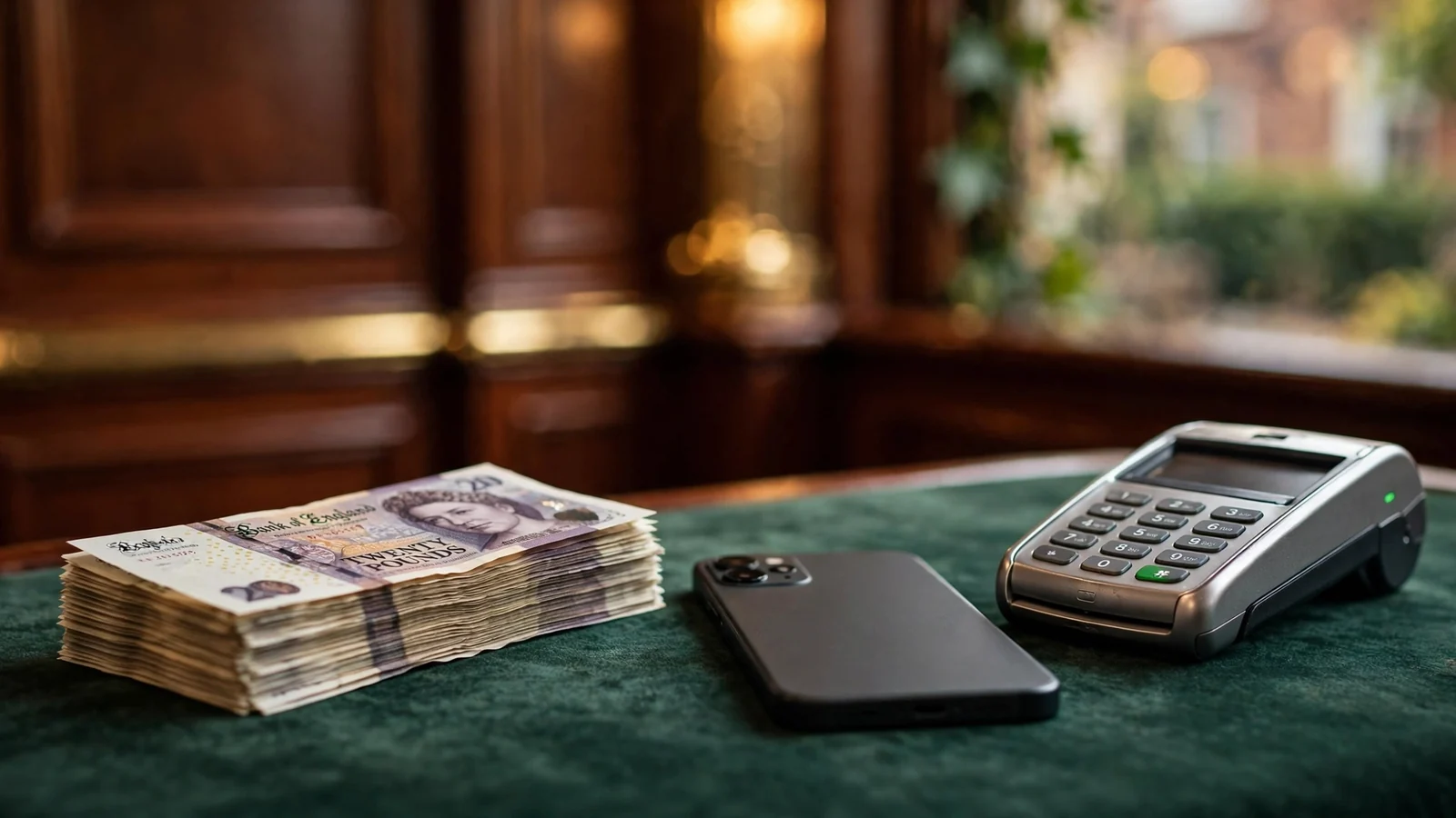 British casino cashier desk with pound notes and smartphone