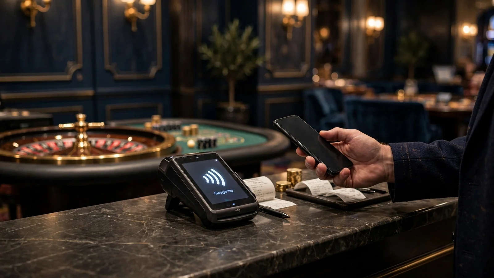 Customer paying at UK casino cashier using Google Pay contactless terminal