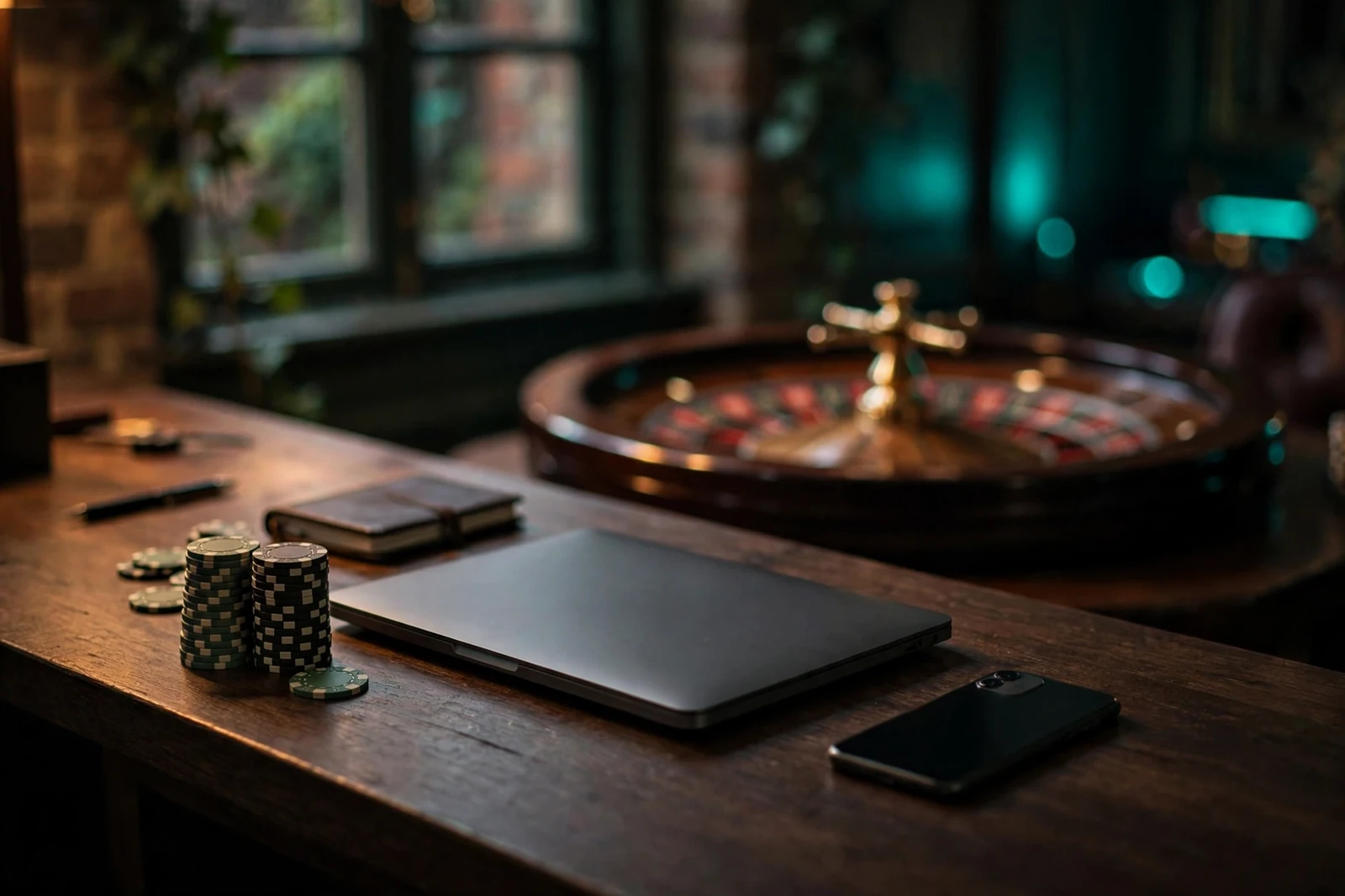 Dimly lit casino cashier desk with closed devices and roulette wheel in background.