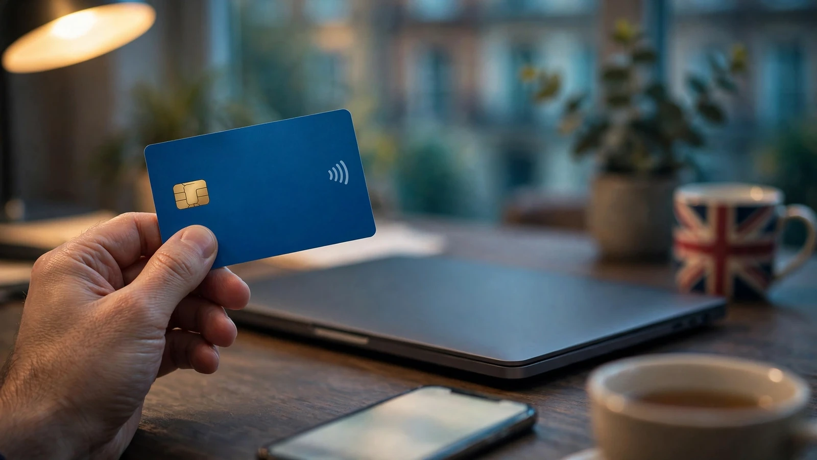 Hand holding a bank card near a turned-away laptop and smartphone on a desk