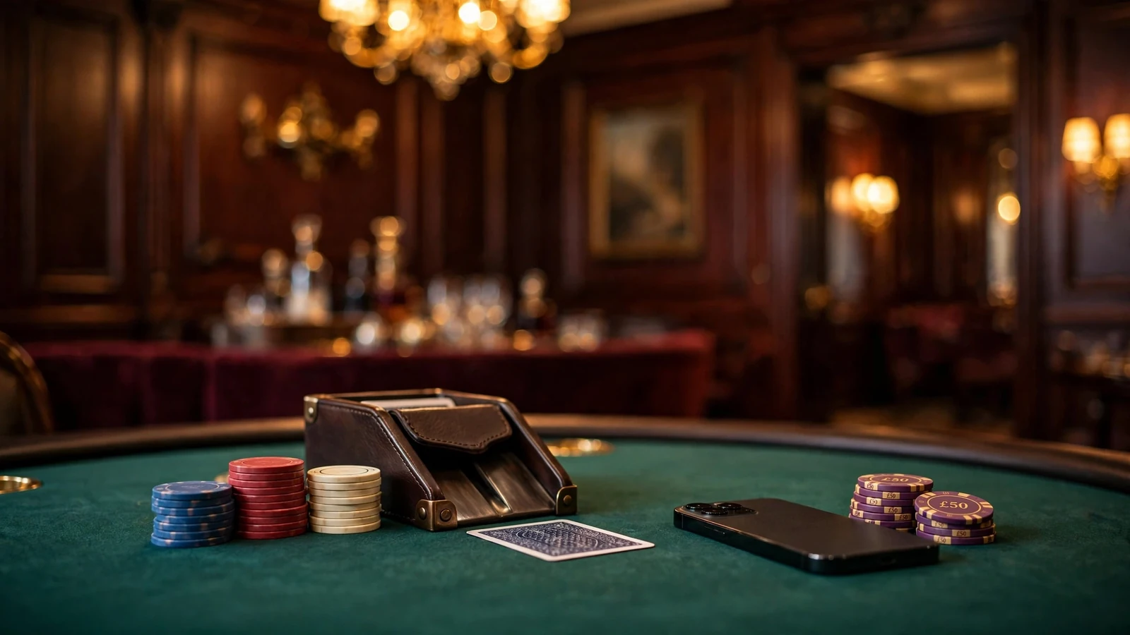 Elegant UK casino table with stacked chips and a face-down smartphone suggesting mobile payment