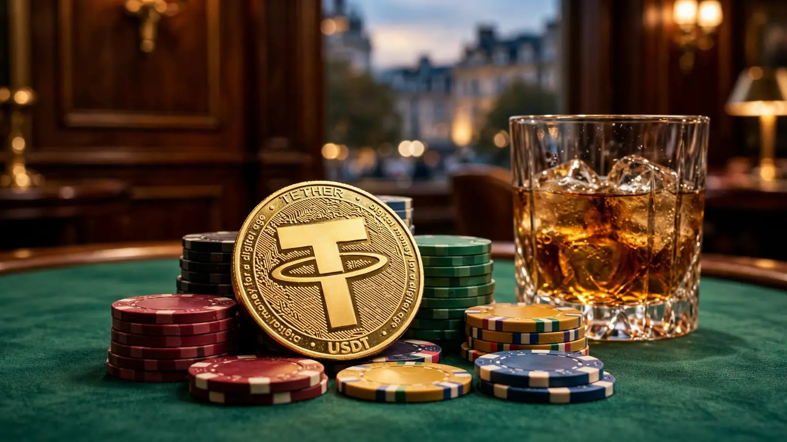Gold Tether coin on a London casino table beside stacked chips and whiskey