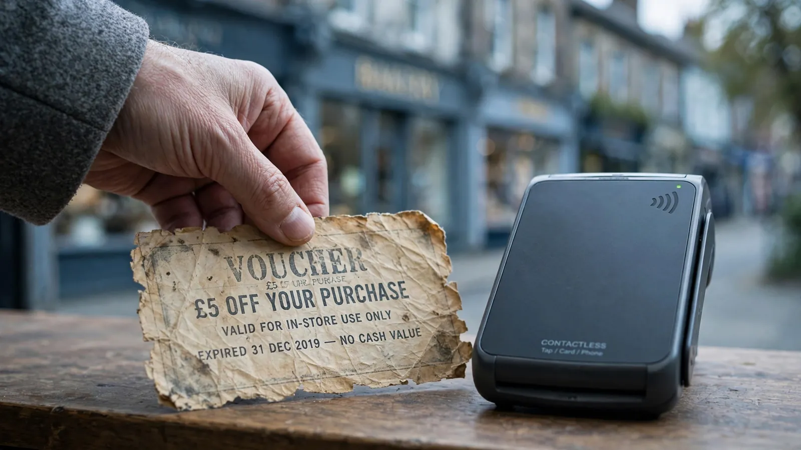 Hand offering an old paper voucher at a modern card terminal