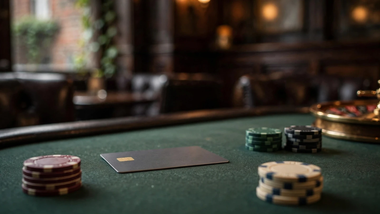 Credit card on a green felt casino table with stacked chips and roulette wheel.