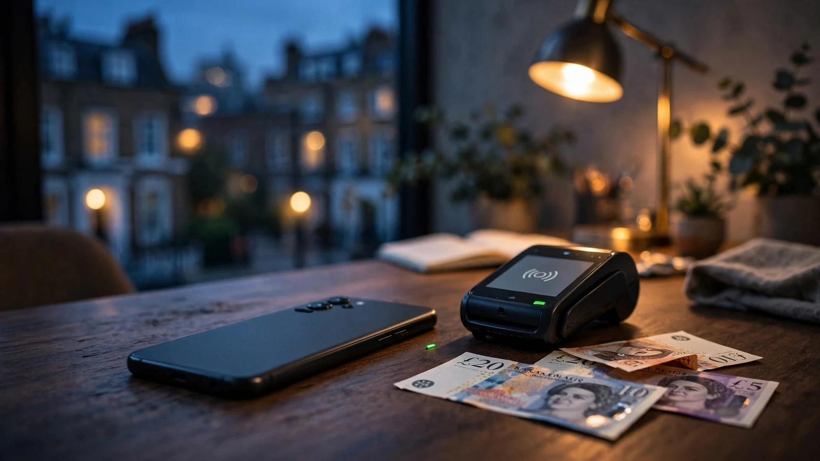 Smartphone with contactless payment setup on a London apartment table at dusk.