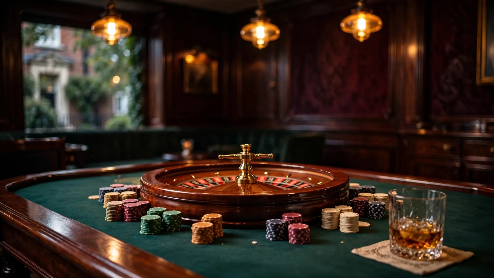 Elegant private gaming lounge with roulette wheel, chips and whiskey in moody lighting