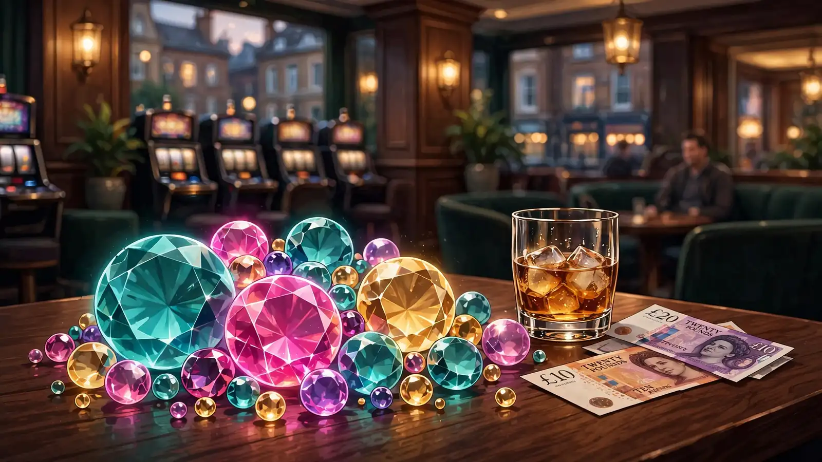 Cluster of glowing gemstone spheres on a casino table in a UK lounge
