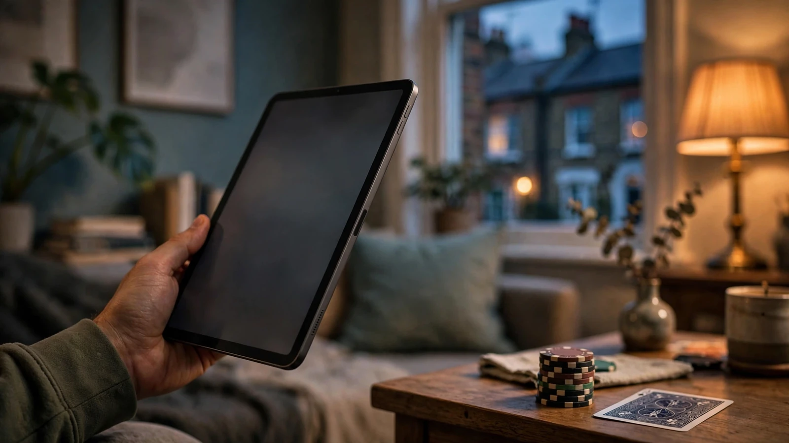 Hand holding iPad with casino chips nearby in a UK living room
