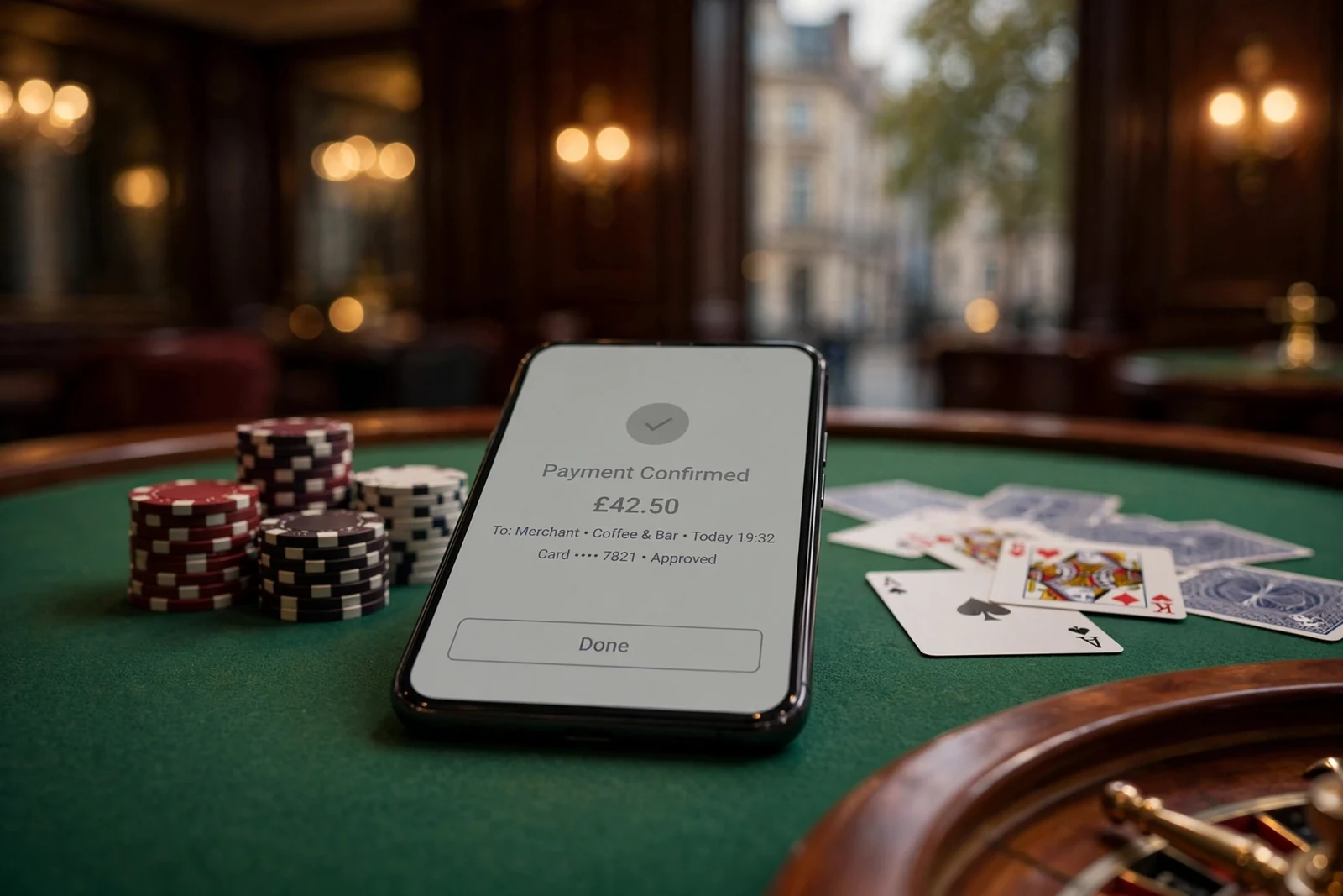 Smartphone on a green casino table surrounded by chips, cards, and a roulette wheel