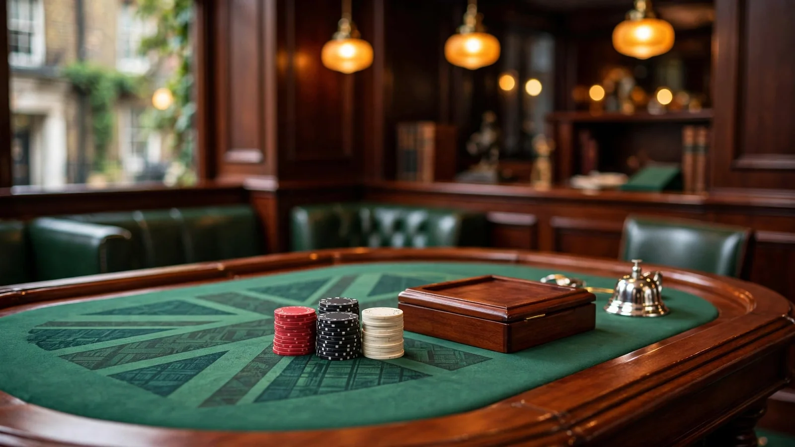 Elegant casino gaming table with stacked chips under warm lighting