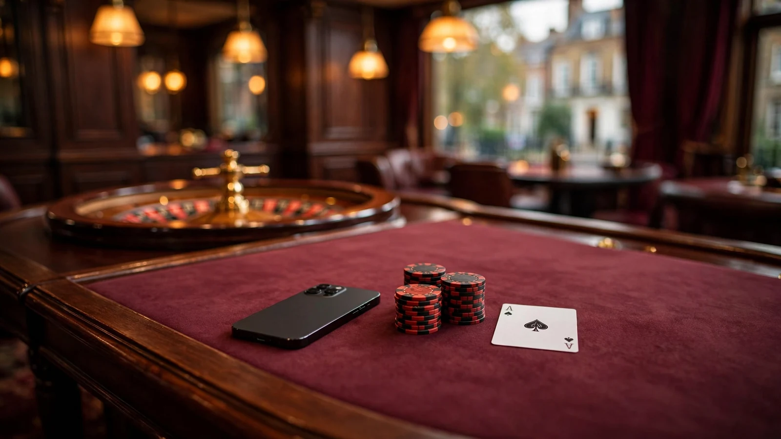 Smartphone face-down on a casino table beside poker chips and a playing card