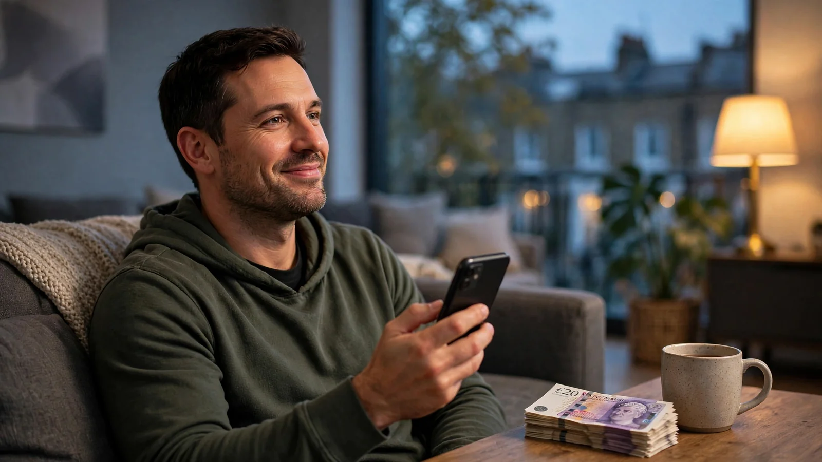 Person relaxing in a London flat with smartphone turned down and pounds on table