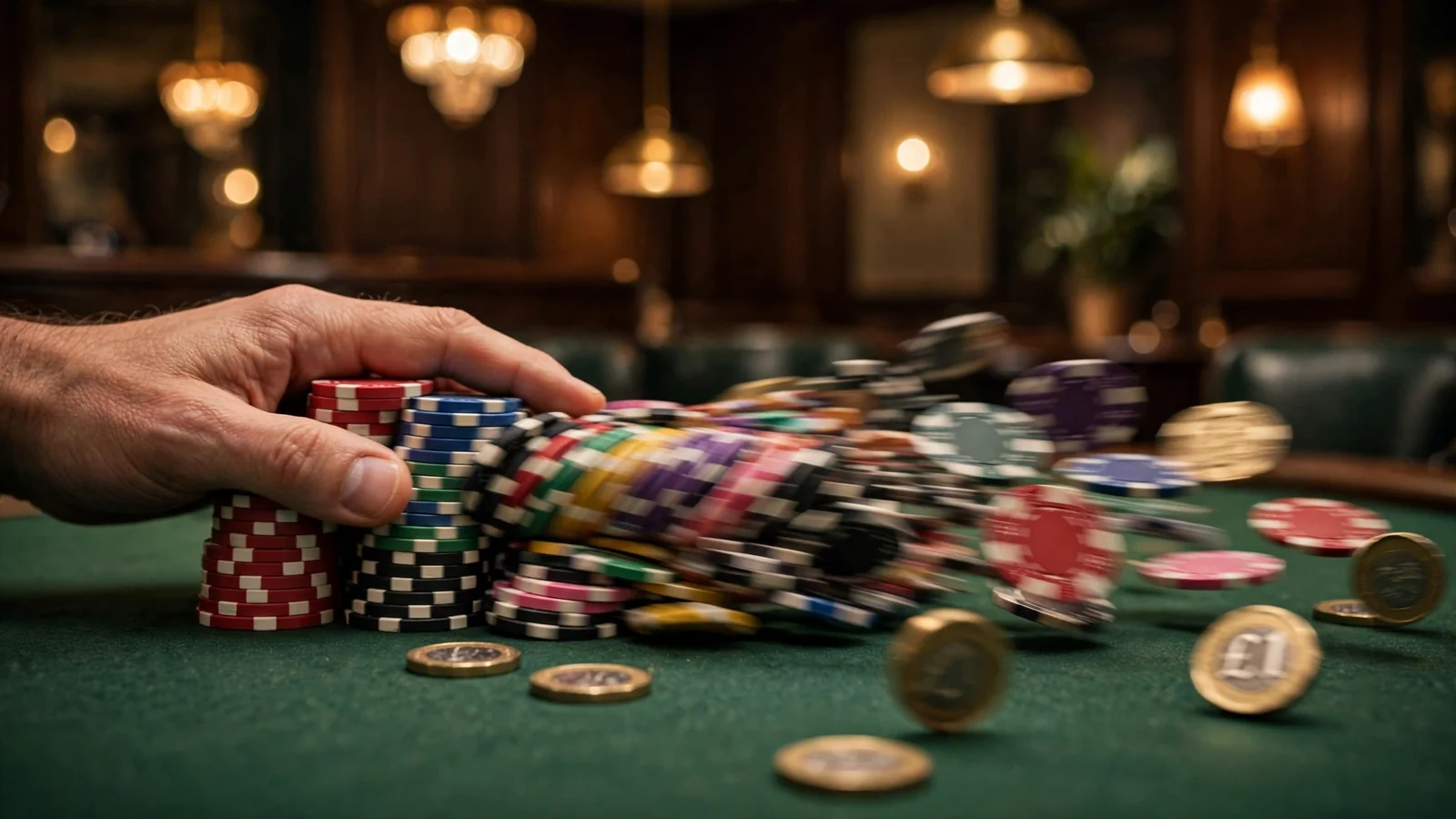 Hand collecting colorful casino chips with British pound coins on a green felt table in a warm London casino interior.